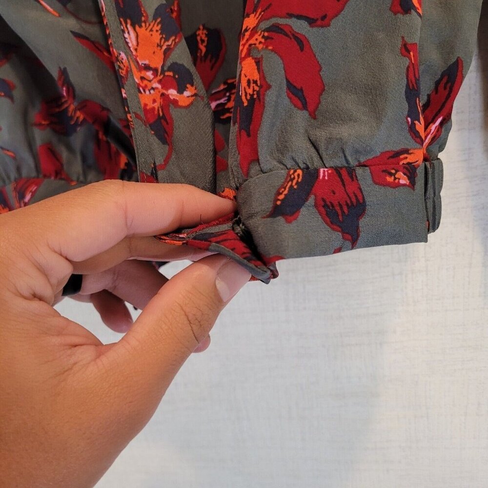 Madewell Silk Wrap Balloon Top Womens XS Shirt Green Floral Blouse 3/4 Sleeve - Picture 10 of 11